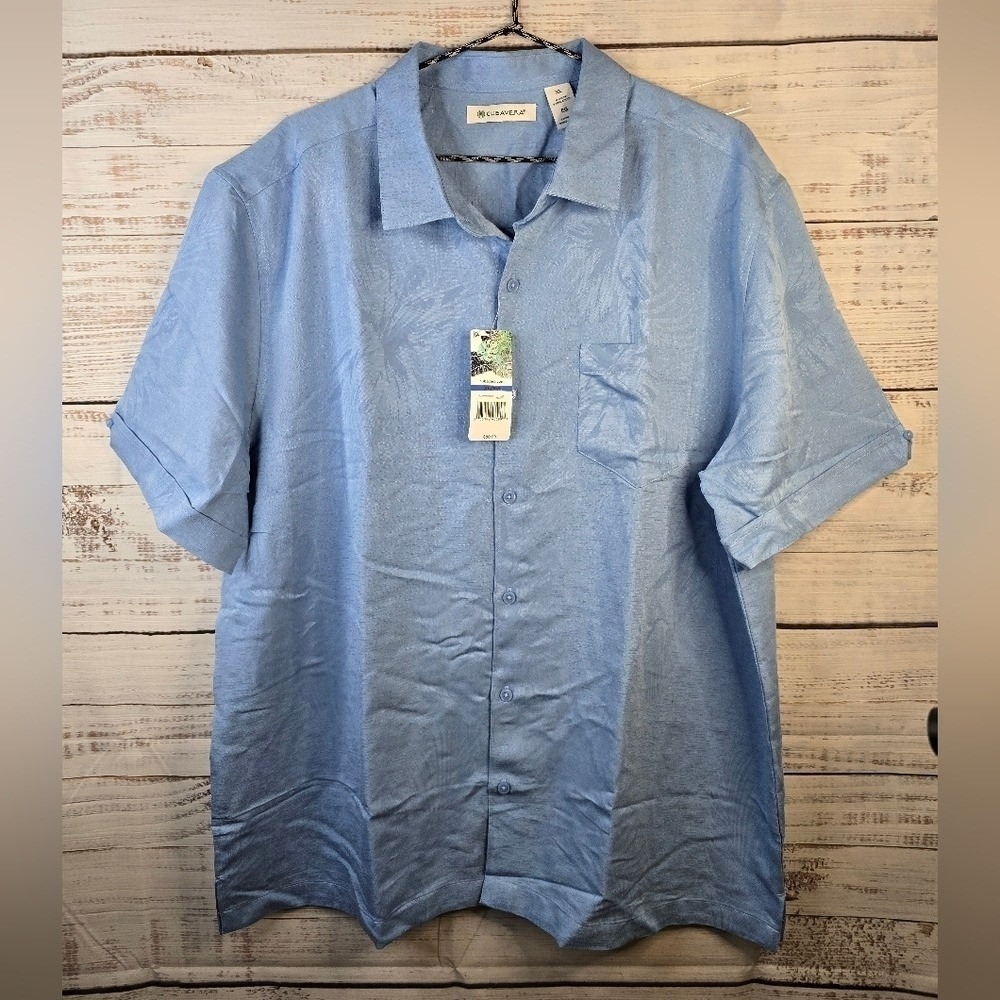 NWT Cubavera Blue Tropical Leaf Textured Short Sleeve Button Up Shirt XL Resort‎